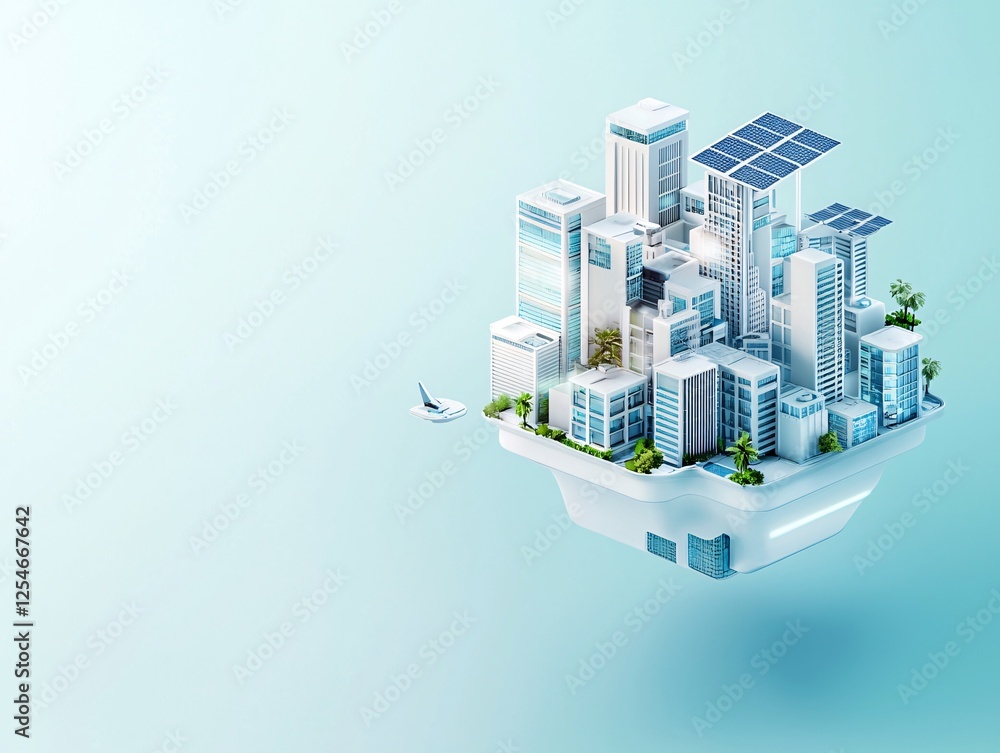 Poster isometric 3d render of a futuristic floating city powered by an expansive solar grid, sleek and mode