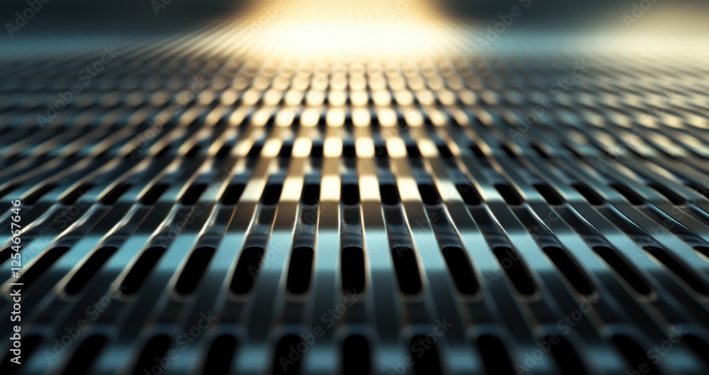 Poster metallic surface with repetitive pattern and golden light in perspective