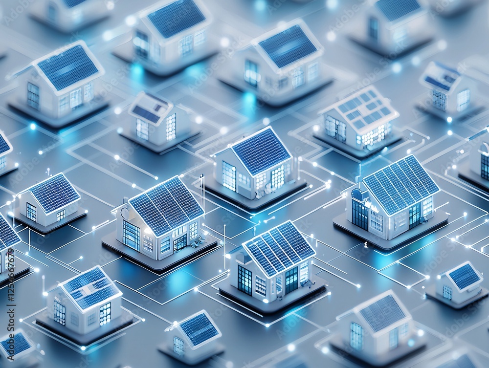 Poster isometric 3d render of a futuristic floating city powered by an expansive solar grid, sleek and mode