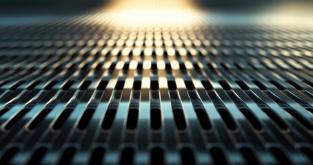 Metallic surface with repetitive pattern and golden light in perspective