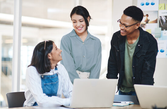 Creative, advice and group of business people with laptop, collaboration and data analysis. Research, planning and graphic design team in office on website with online project for startup development