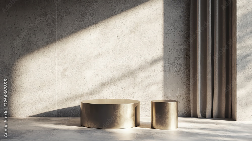 Poster elegant podium display with golden cylinders and soft light on a textured concrete background