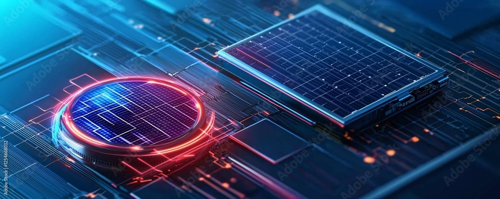 Sticker isometric 3d futuristic rendering of an ai-optimized solar farm with holographic energy monitoring, 