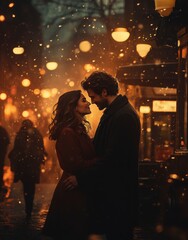 Romantic Couples Embracing in a Warm Evening Glow with Lights