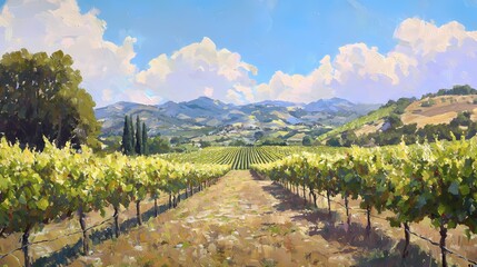 Fototapeta premium Stunning Vineyard Landscape Painting with Rolling Hills and Dramatic Clouds in the Sunny Sky
