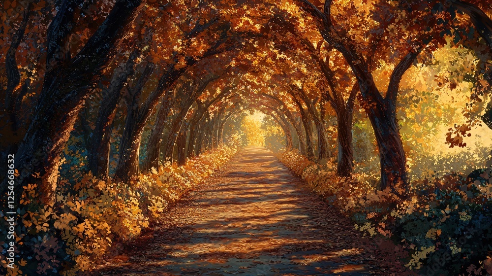 Poster enchanting autumnal path through a tunnel of trees with golden leaves and sunlight filtering through