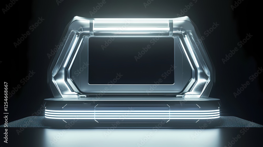 Poster futuristic stage with glowing lights and metallic frame for product display or presentation