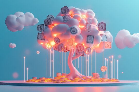 A whimsical 3D tree sprouting coins and currency symbols, surrounded by fluffy clouds and glowing elements, representing financial growth and prosperity.