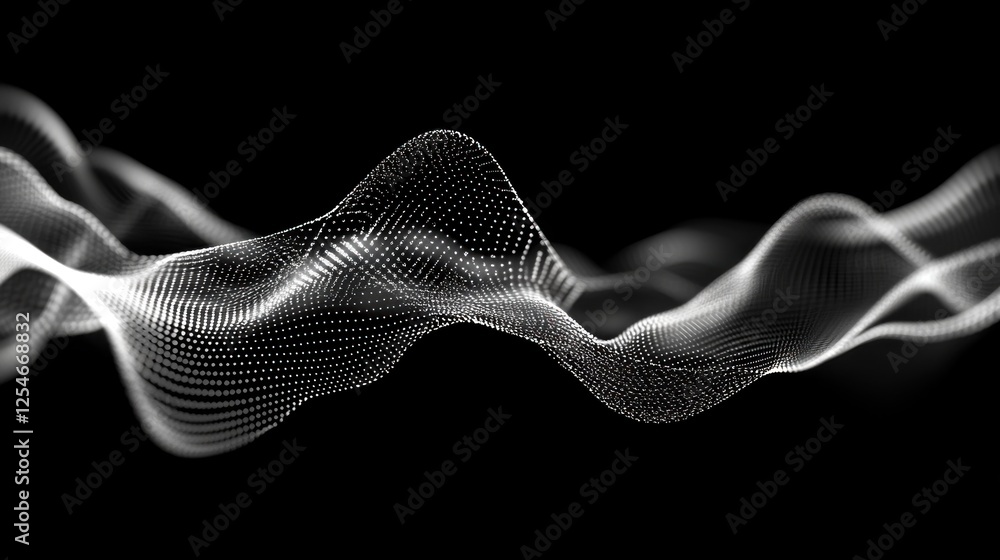 Poster abstract white particle wave flowing on black background; tech design