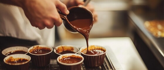 A chef skillfully pours rich chocolate into dessert cups, capturing the essence of gourmet finesse and enticing sweetness.