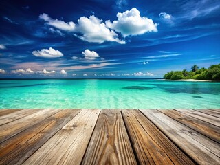 Fototapeta premium Tropical Beach Deck: Turquoise Waters & Azure Sky - Macro Photography Stock Photo