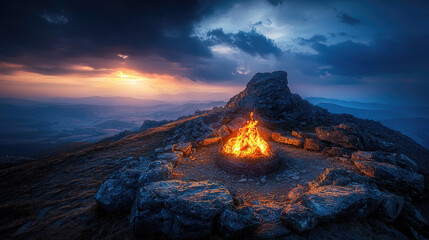 A serene sunset over a mountain landscape with a glowing campfire surrounded by rocks