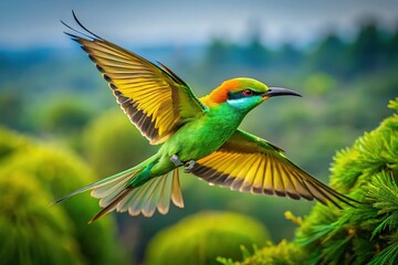 Obraz premium Vibrant Green Bee-Eater Bird in Flight, Aerial View, Tropical Habitat