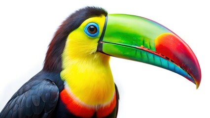 Naklejka premium Vibrant Keel-billed Toucan, Central America, Isolated on White Background - Long Exposure Photography