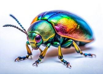Naklejka premium Vibrant Jewel Beetle on Pristine White Background - Macro Photography