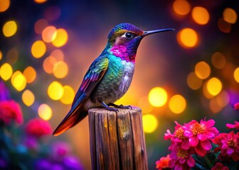 Naklejka premium Vibrant Hummingbird on Wooden Post at Night, Flowery Background