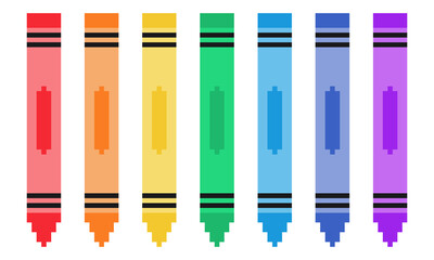Set of rainbow colored crayons. Crayon colored Pixel art. Stationery collection 
