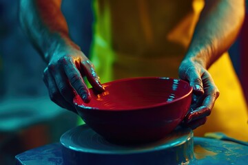 Obraz premium A potter's hands carefully shape a vibrant red bowl on a spinning wheel, showcasing artistry and skill.