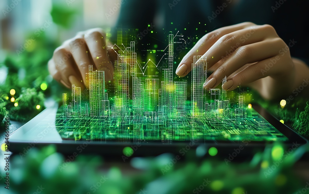 Aufkleber interactive esg investment strategy concept with holographic interface on a tablet, featuring graphs