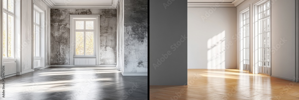 Aufkleber old dark interiors contrast with bright modern renovated design in split view of room. generative ai