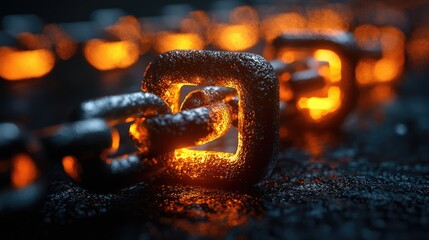Glowing orange chain links on a dark surface, showcasing industrial strength and heat effects