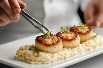 Pan-seared scallops served on creamy risotto, garnished with fresh herbs; a gourmet culinary delight.