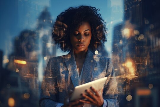 Black business woman holding tablet on modern cities computer adult photo.