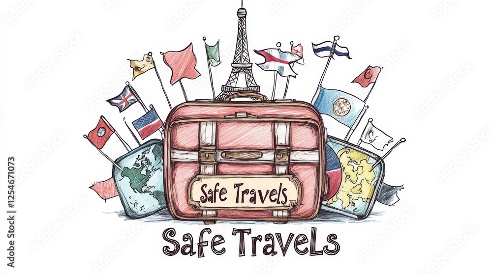 Poster a drawing of an animated suitcase with flags and travel symbols, on the bottom is written 