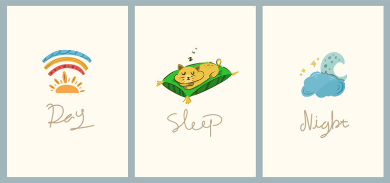 Cute sleep anial poster with cat for kids card, book cover, invitation. cartoon illustration vector