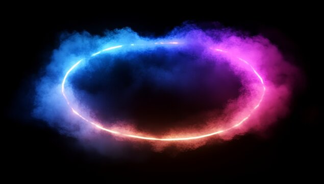 Glowing neon oval ring in vibrant blue, pink, and orange smoke on black background. - Powered by Adobe