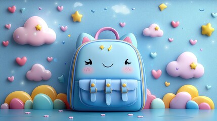 Cute cartoon-style blue backpack with smiling face against a pastel cloud background