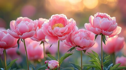 Obraz premium Lush pink peonies blooming in a vibrant garden at sunset, creating a serene and colorful atmosphere