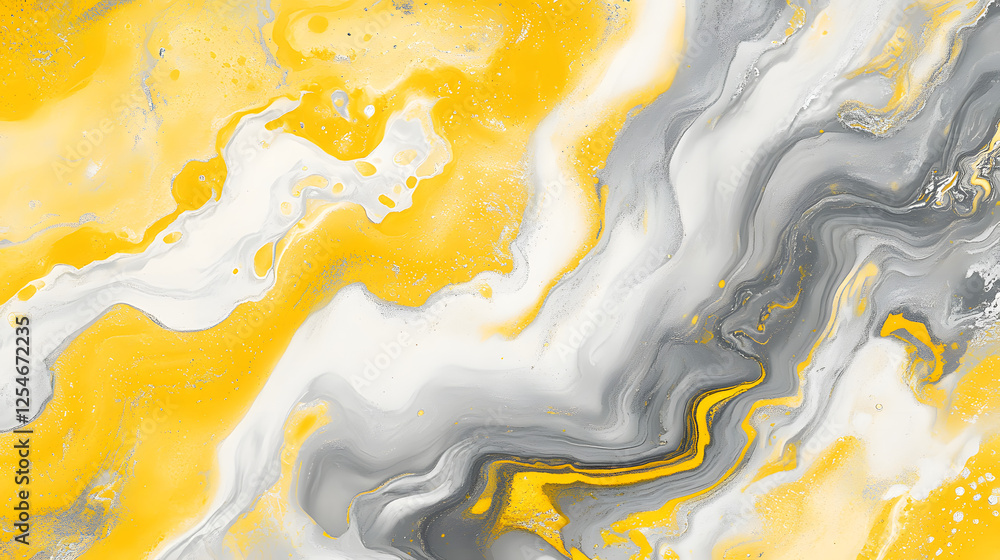 Poster yellow and grey abstract painting with tulip elements and dynamic fusion of colors