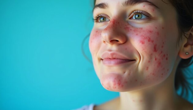 Close up Portrait of Young Woman with Acne Showing Facial Skin Imperfections and Redness