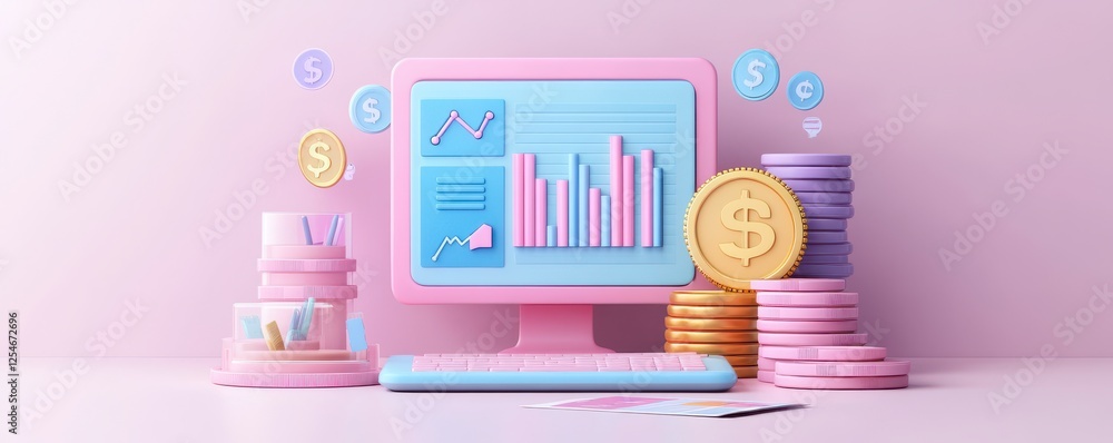Poster a colorful desktop setup featuring a monitor displaying financial graphs, surrounded by coins and mo