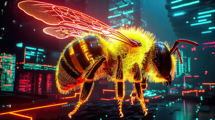 A vibrant, futuristic bee with neon accents hovering over a cyberpunk cityscape at night