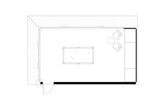 2 dimension of layout of biliard room of furniture plan, black lines on white background. 1
