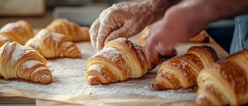 A baker's hands delicately arrange freshly baked croissants with a sprinkle of flour, capturing the essence of a warm and inviting kitchen.