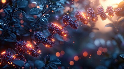Close-up of glowing berries on a vine amidst lush foliage at twilight, creating a magical ambiance
