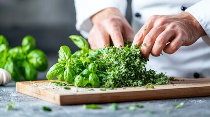 Chef prepping herbs on wood board, kitchen background, food preparation