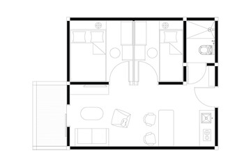 2 dimension of layout of apartement small interior design of furniture plan, black lines on white background. 2