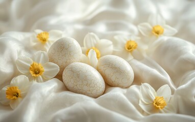 Elegant White and Gold Easter Eggs with Daffodils on Luxurious Silk Fabric