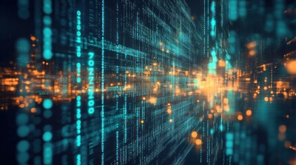 Obraz premium Digital Data Stream: Abstract Visualization of Binary Code Flowing Through a Cybernetic Tunnel