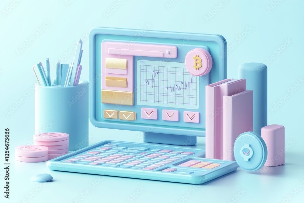 Poster a pastel-colored computer setup with a keyboard, screen displaying data, and stationery items, creat