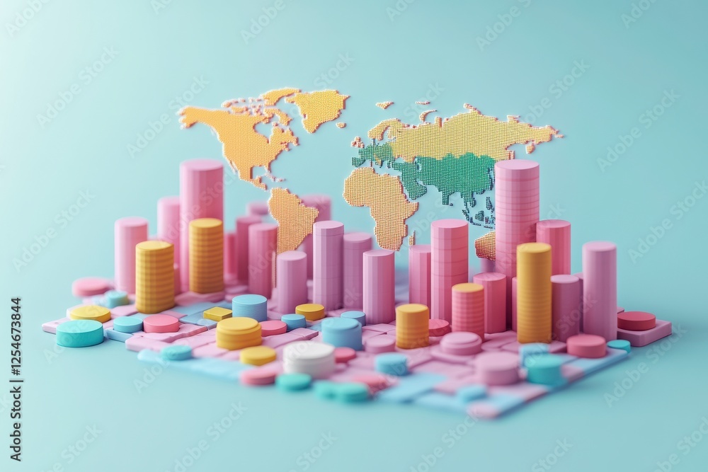 Poster a colorful, abstract representation of data visualization, featuring graphs and a world map, set aga