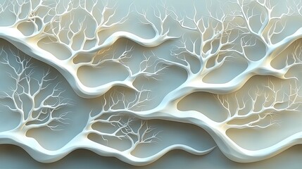 Abstract representation of intricate white tree branches on a soft blue background, symbolizing nature and creativity