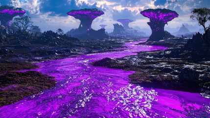 Surreal landscape featuring a flowing purple river amidst fantastical trees under a vibrant sky