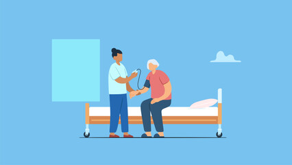 Vector illustration a nurse taking blood pressure senior, elderly at a nursing home. Elderly healthcare and support, age caregiving.