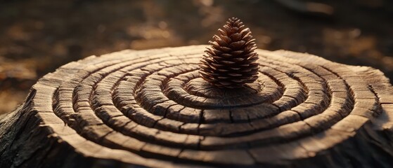 Naklejka premium Pinecone sits atop tree stump, highlighting nature's lifecycle and evoking a sense of woodland tranquility.
