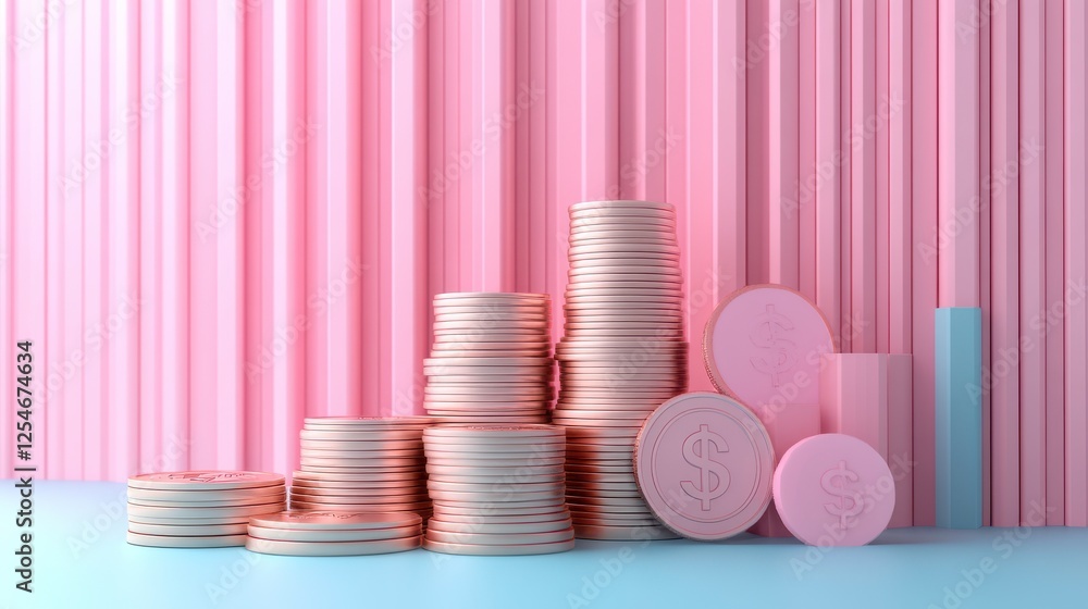 Poster a visually appealing arrangement of stacked coins and circular shapes against a pink backdrop, creat